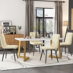 Ensemble table et chaises 117x68x75 cm avec 4 chaises rectangulaire plateau MDF effet marbre pieds métal doré