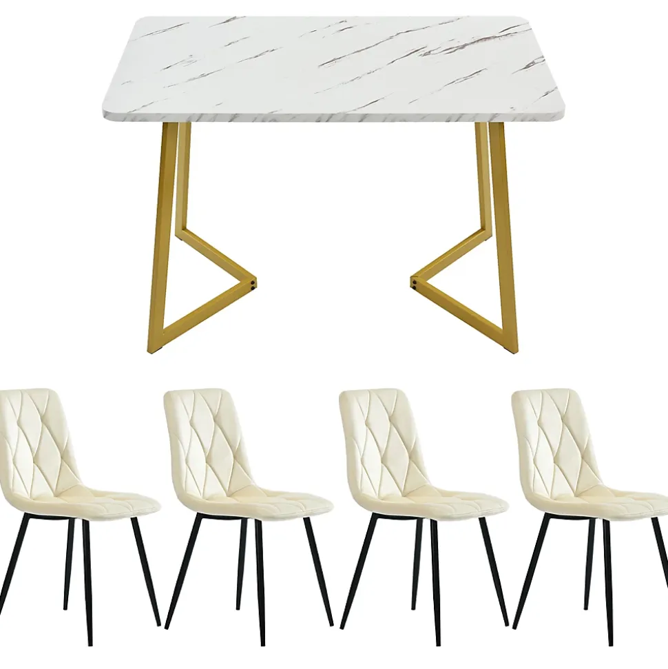 Ensemble table et chaises 117x68x75 cm avec 4 chaises rectangulaire plateau MDF effet marbre pieds métal doré