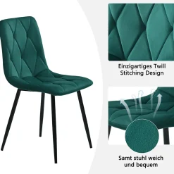 Ensemble Table et Chaises - Table Hexagonale et 4 Chaises Velours, Salle à Manger Moderne, Plateau Effet Marbre, Vert et Blanc