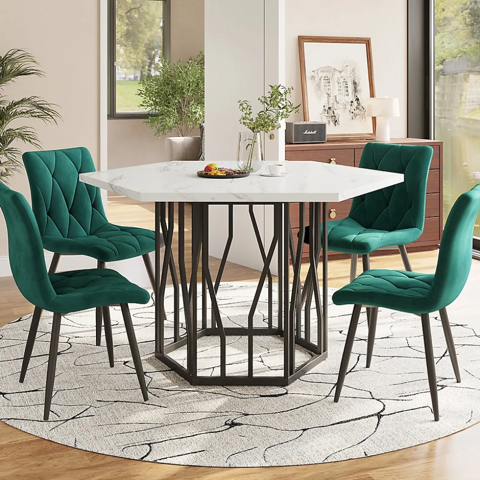 Ensemble Table et Chaises - Table Hexagonale et 4 Chaises Velours, Salle à Manger Moderne, Plateau Effet Marbre, Vert et Blanc