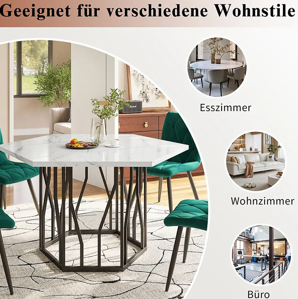 Ensemble Table et Chaises - Table Hexagonale et 4 Chaises Velours, Salle à Manger Moderne, Plateau Effet Marbre, Vert et Blanc