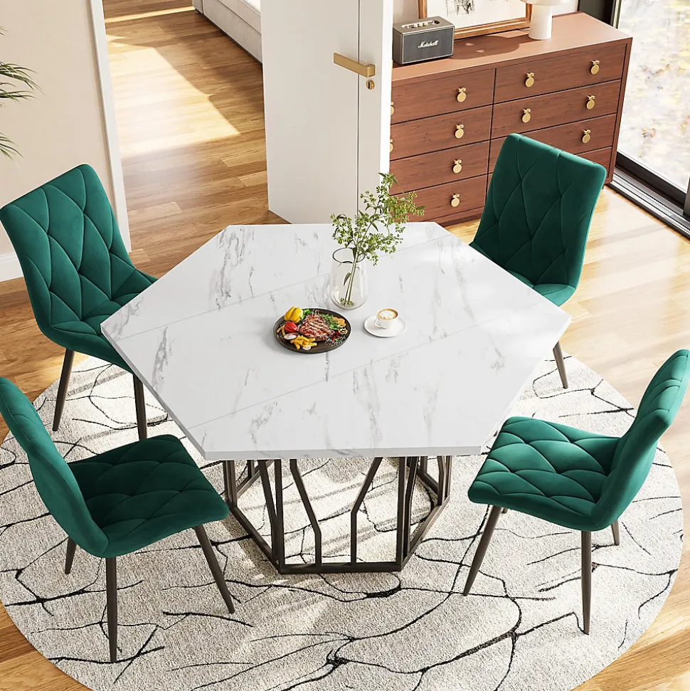 Ensemble Table et Chaises - Table Hexagonale et 4 Chaises Velours, Salle à Manger Moderne, Plateau Effet Marbre, Vert et Blanc