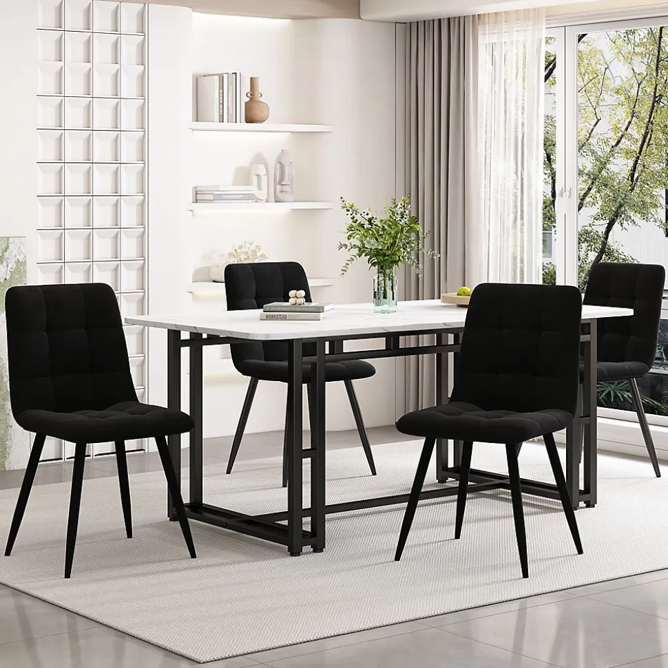 Ensemble table et chaises 140x80x75 cm avec 4 chaises en velours rembourré, structure métal, table rectangulaire moderne