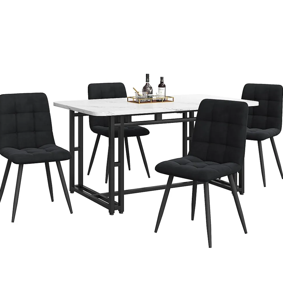 Ensemble table et chaises 140x80x75 cm avec 4 chaises en velours rembourré, structure métal, table rectangulaire moderne
