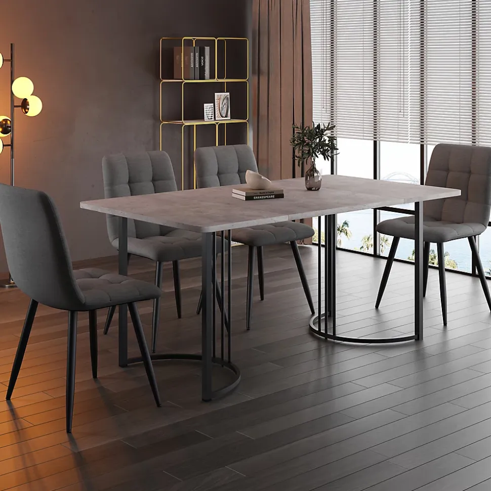Ensemble table et chaises 140x80x75 cm avec 4 chaises, table rectangulaire MDF effet marbre gris et chaises en lin