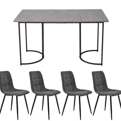 Ensemble table et chaises 140x80x75 cm avec 4 chaises, table rectangulaire MDF effet marbre gris et chaises en lin
