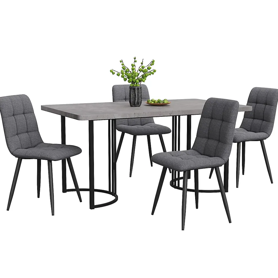 Ensemble table et chaises 140x80x75 cm avec 4 chaises, table rectangulaire MDF effet marbre gris et chaises en lin