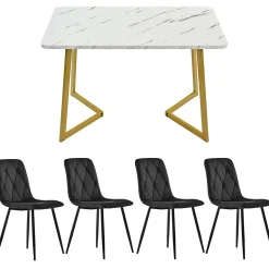 Ensemble table et chaises 117x68x75 cm rectangulaire en MDF avec 4 chaises velours noir, pieds métal doré