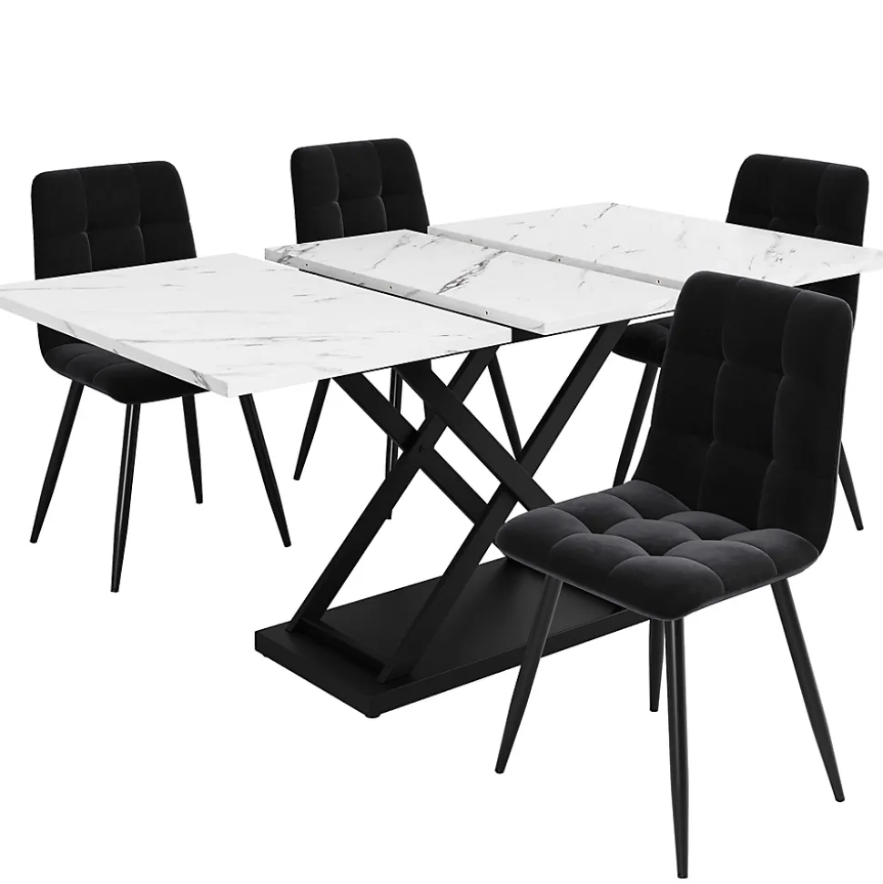 Ensemble table et chaises 120x80x75 cm extensible 160x80 cm avec 4 chaises en velours, structure métal moderne