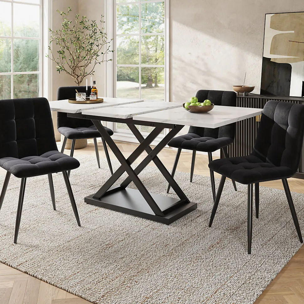 Ensemble table et chaises 120x80x75 cm extensible 160x80 cm avec 4 chaises en velours, structure métal moderne