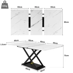 Ensemble table et chaises 120x80x75 cm extensible 160x80 cm avec 4 chaises en velours, structure métal moderne