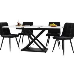 Ensemble table et chaises 120x80x75 cm extensible 160x80 cm avec 4 chaises en velours, structure métal moderne