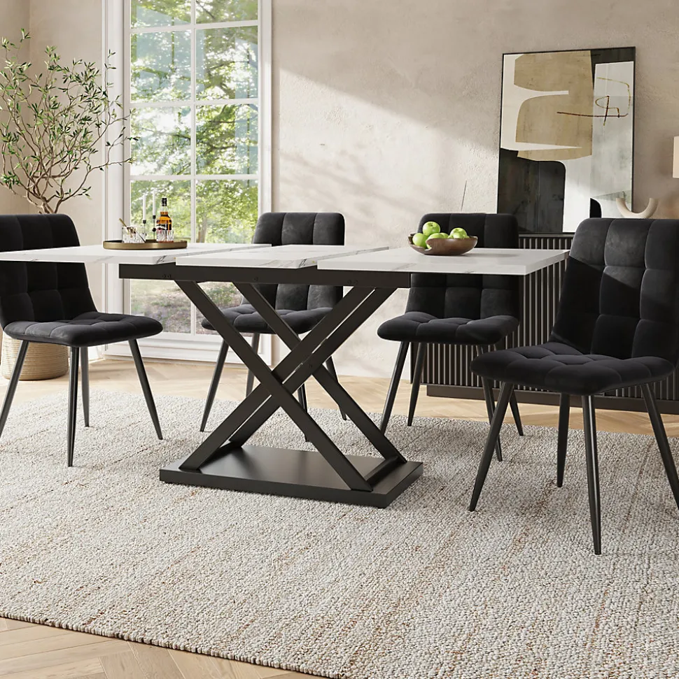 Ensemble table et chaises 120x80x75 cm extensible 160x80 cm avec 4 chaises en velours, structure métal moderne
