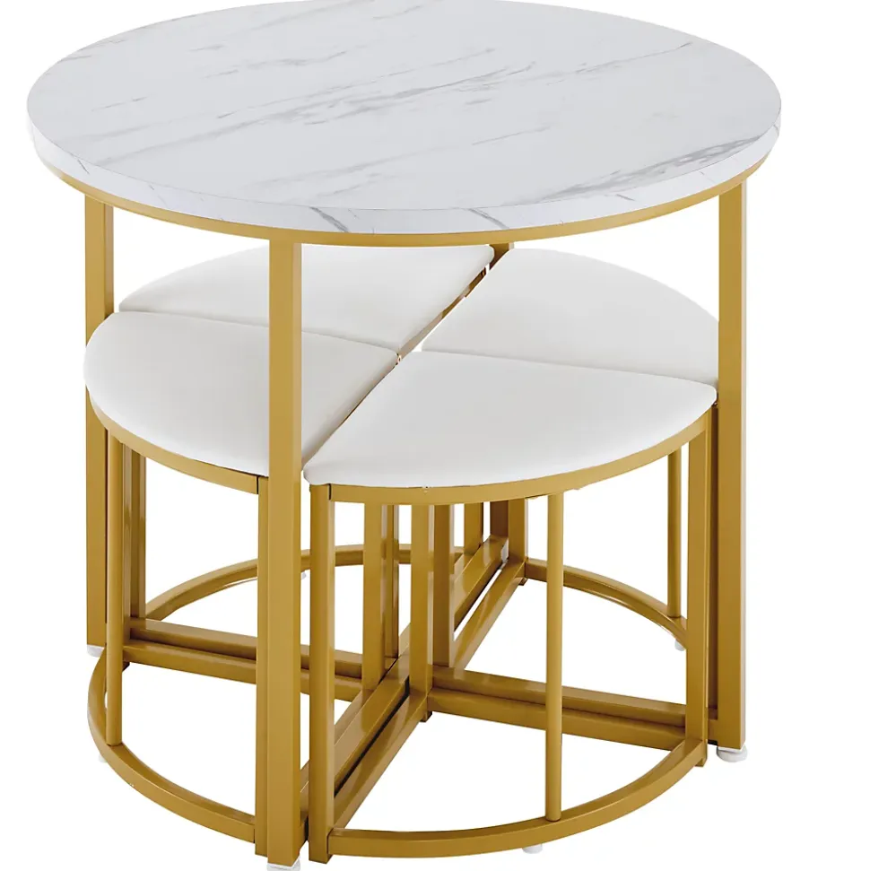 Ensemble Table et Chaises de Salle à Manger pour 4 Personnes, Table Blanche avec Chaises en Velours et Pieds Dorés, 80x80x75 cm