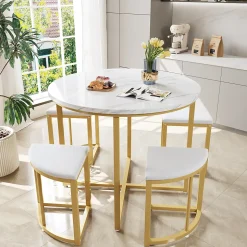 Ensemble Table et Chaises de Salle à Manger pour 4 Personnes, Table Blanche avec Chaises en Velours et Pieds Dorés, 80x80x75 cm