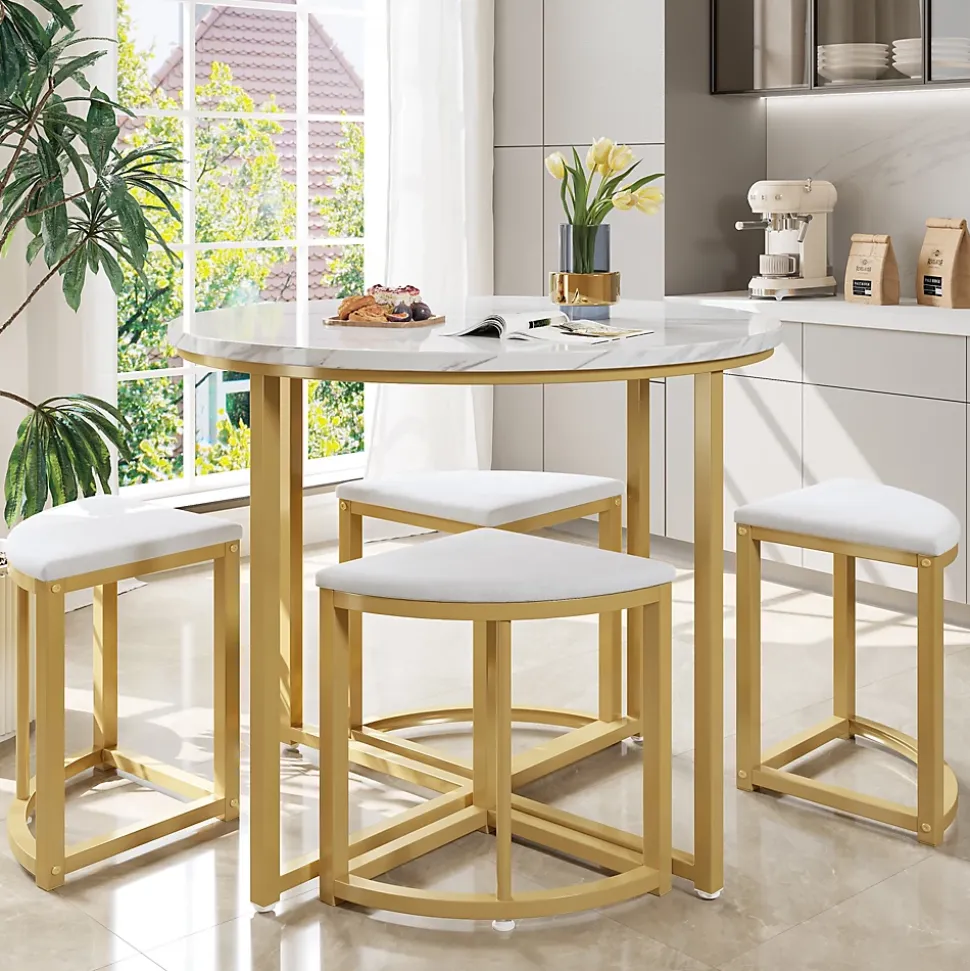 Ensemble Table et Chaises de Salle à Manger pour 4 Personnes, Table Blanche avec Chaises en Velours et Pieds Dorés, 80x80x75 cm