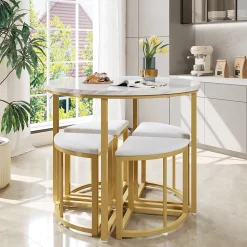 Ensemble Table et Chaises de Salle à Manger pour 4 Personnes, Table Blanche avec Chaises en Velours et Pieds Dorés, 80x80x75 cm
