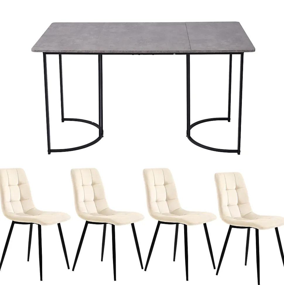 Ensemble table et chaises 140x80x75 cm avec 4 chaises velours gris, plateau MDF effet marbre et pieds métal