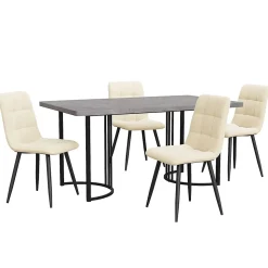 Ensemble table et chaises 140x80x75 cm avec 4 chaises velours gris, plateau MDF effet marbre et pieds métal