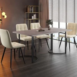 Ensemble table et chaises 140x80x75 cm avec 4 chaises velours gris, plateau MDF effet marbre et pieds métal