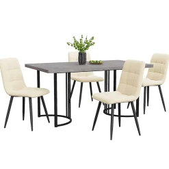 Ensemble table et chaises 140x80x75 cm avec 4 chaises velours gris, plateau MDF effet marbre et pieds métal