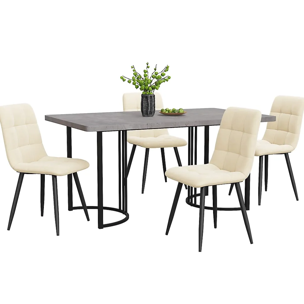 Ensemble table et chaises 140x80x75 cm avec 4 chaises velours gris, plateau MDF effet marbre et pieds métal