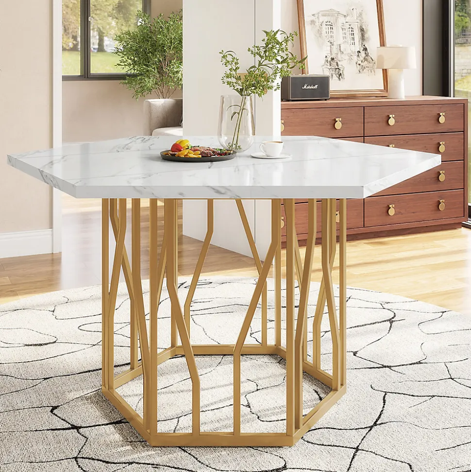 Ensemble table et chaises 115,5x100x75 cm table hexagonale marbré avec 4 chaises velours vert, piètement métal