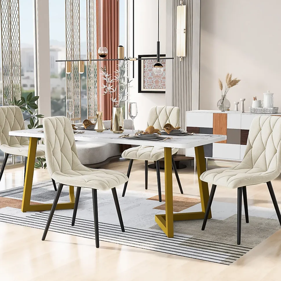 Ensemble Table et Chaises - Table Rectangulaire et Chaises Velours, Pieds Métal Doré, MDF Salle à Manger, 117x68x75 cm, Beige
