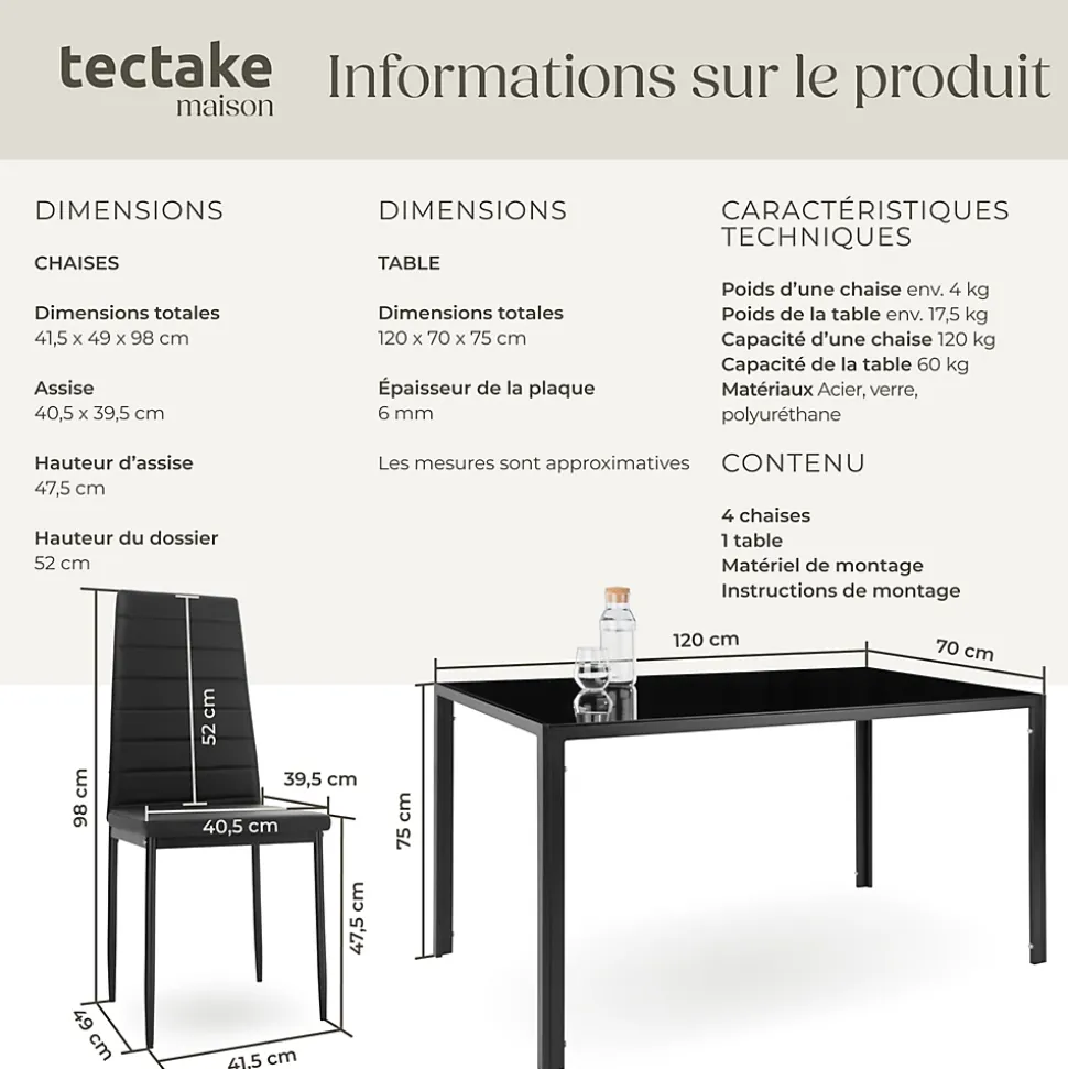 Ensemble table et chaises de salle à manger 5 pièces en Acier noir