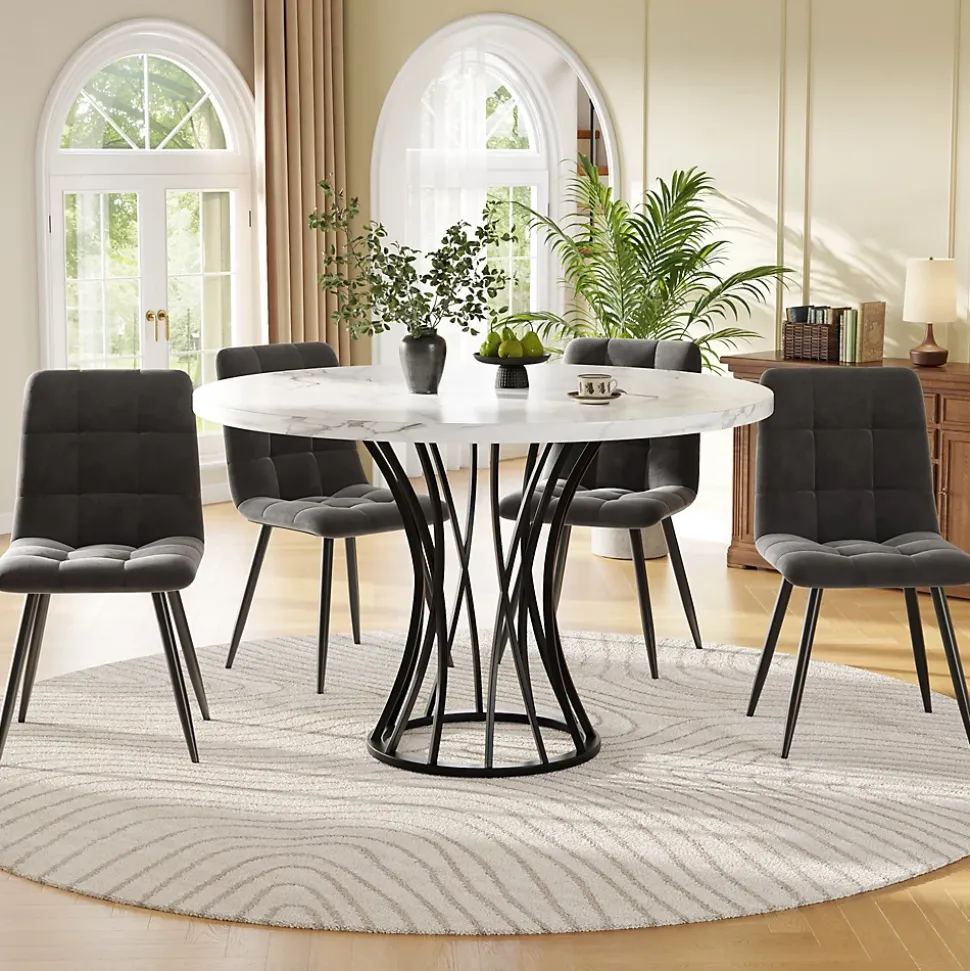 Ensemble table et chaises 80x80x76 cm avec 4 chaises en velours, table carrée structure métal plateau marbré