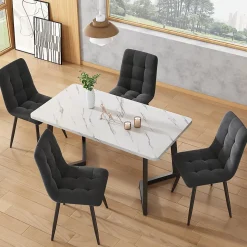 Ensemble table et chaises 80x80x76 cm avec 4 chaises en velours, table carrée structure métal plateau marbré