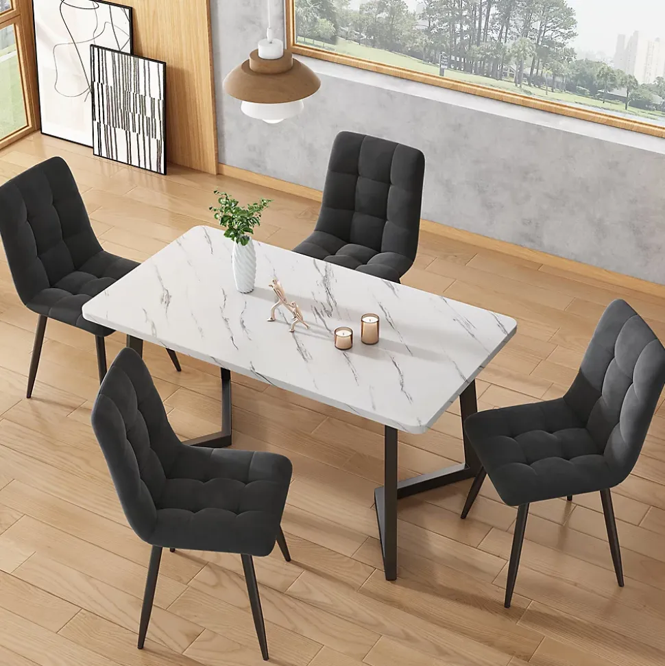 Ensemble table et chaises 80x80x76 cm avec 4 chaises en velours, table carrée structure métal plateau marbré