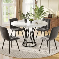Ensemble table et chaises 80x80x76 cm avec 4 chaises en velours, table carrée structure métal plateau marbré