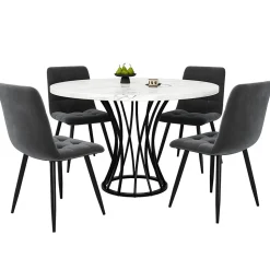 Ensemble table et chaises 80x80x76 cm avec 4 chaises en velours, table carrée structure métal plateau marbré