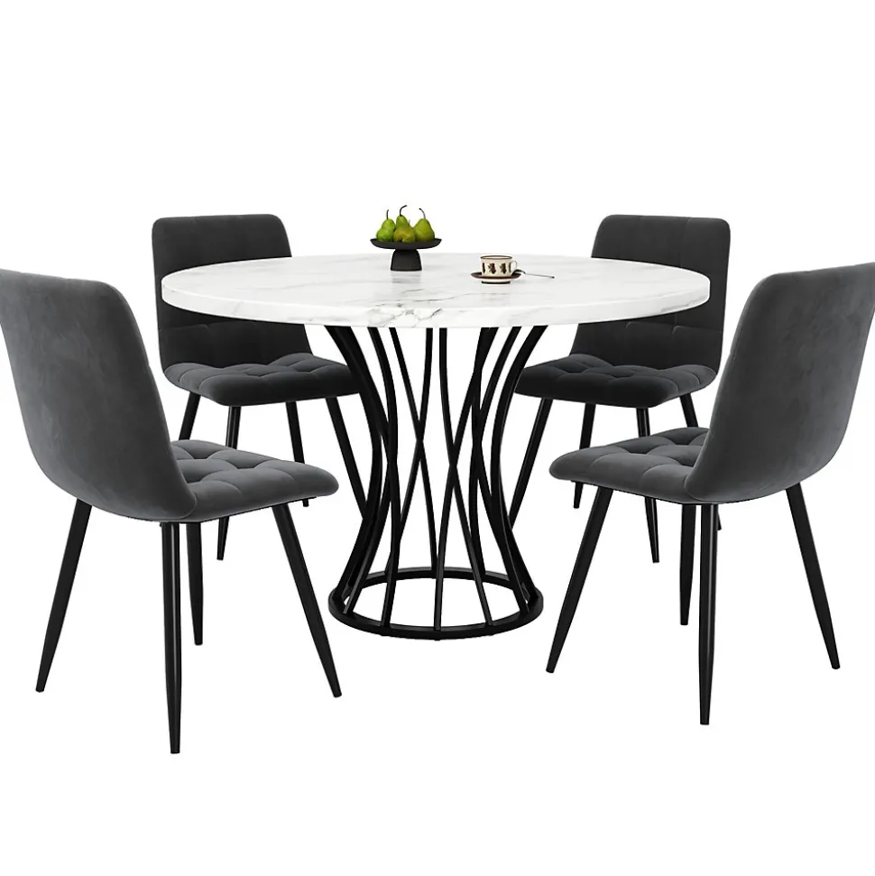 Ensemble table et chaises 80x80x76 cm avec 4 chaises en velours, table carrée structure métal plateau marbré