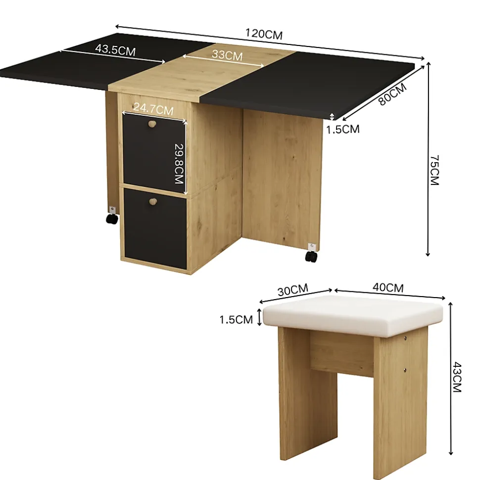 Ensemble table et chaises 120x80x75 cm rectangulaire extensible et rabattable avec 4 chaises style moderne