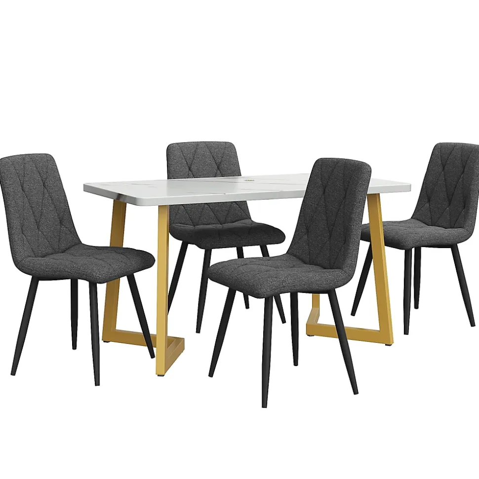 Ensemble Table et Chaises - Table Rectangulaire et Chaises Lin, Pieds Métal Doré, MDF Salle à Manger, 117x68x75 cm, Gris