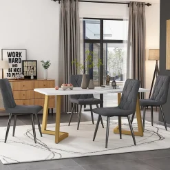 Ensemble Table et Chaises - Table Rectangulaire et Chaises Lin, Pieds Métal Doré, MDF Salle à Manger, 117x68x75 cm, Gris