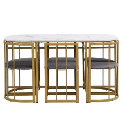 Ensemble table et chaises 140x90x75 cm avec 6 chaises, table rectangulaire en MDF et structure métal doré