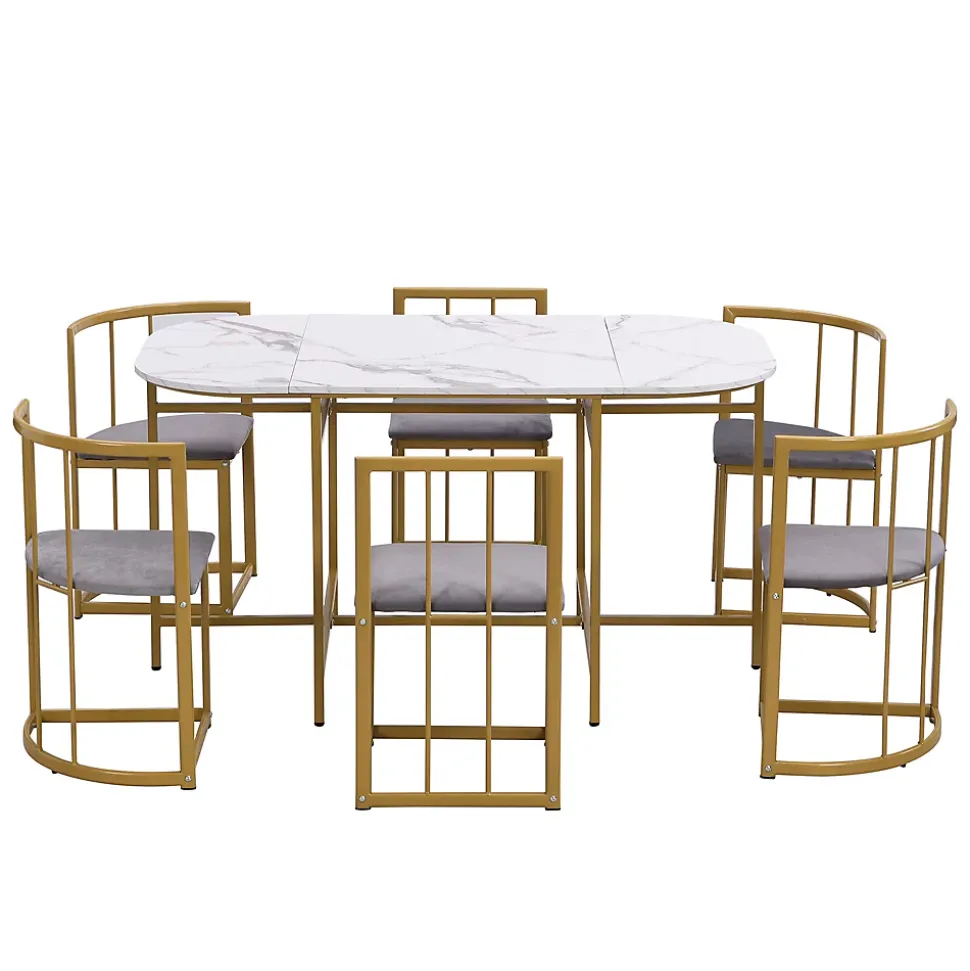 Ensemble table et chaises 140x90x75 cm avec 6 chaises, table rectangulaire en MDF et structure métal doré