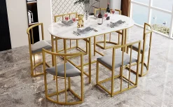 Ensemble table et chaises 140x90x75 cm avec 6 chaises, table rectangulaire en MDF et structure métal doré