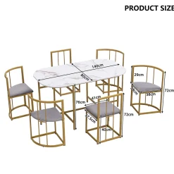 Ensemble table et chaises 140x90x75 cm avec 6 chaises, table rectangulaire en MDF et structure métal doré