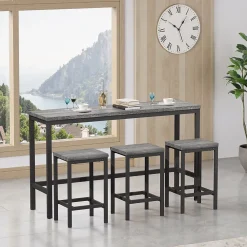 Ensemble table et chaises 148x40x90 cm avec 3 chaises hautes, structure métal et plateau MDF, style moderne