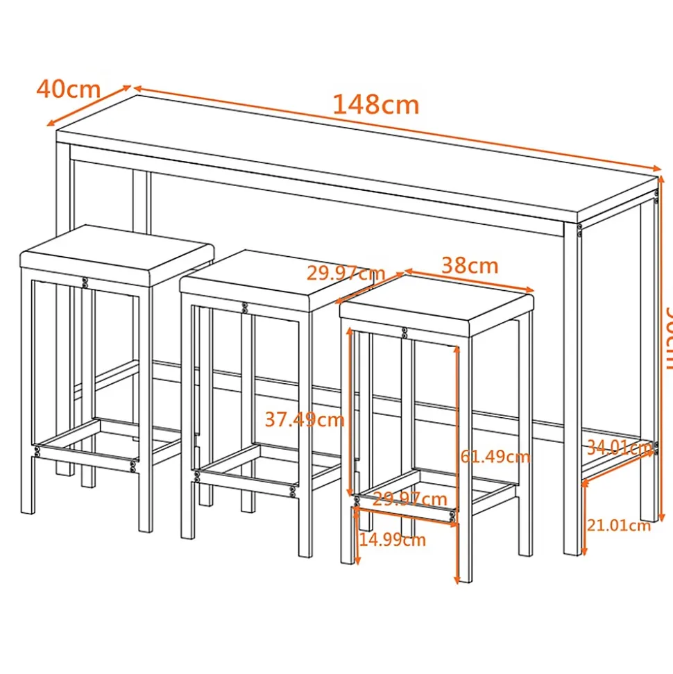 Ensemble table et chaises 148x40x90 cm avec 3 chaises hautes, structure métal et plateau MDF, style moderne