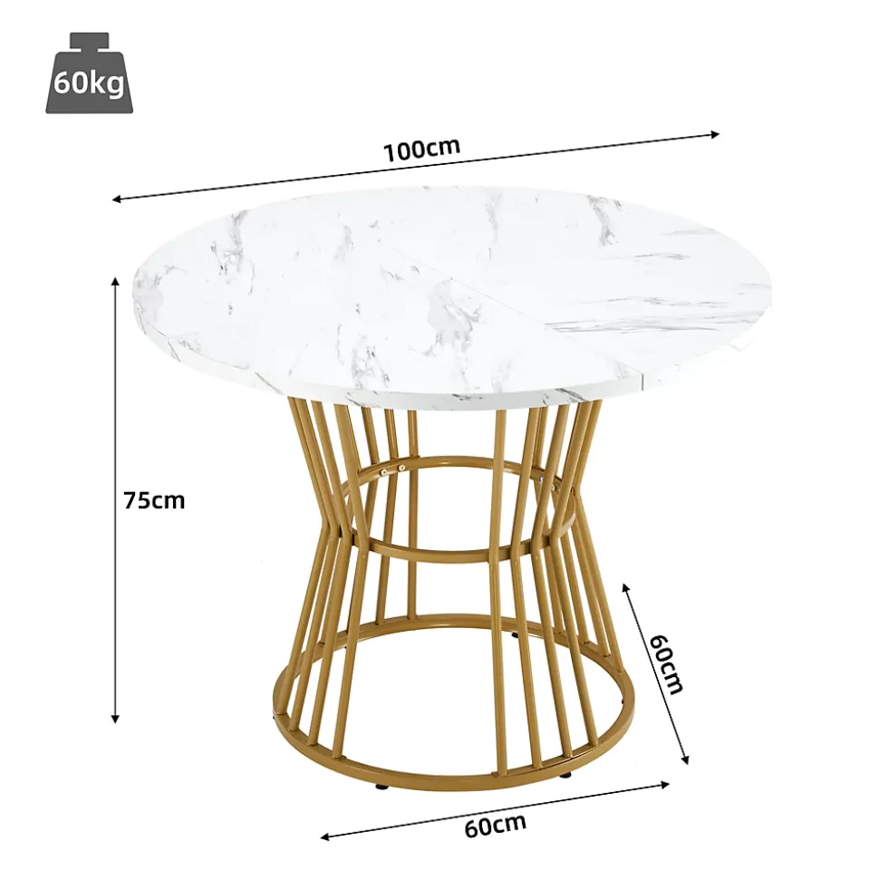 Ensemble table et chaises 100x100x75 cm table ronde avec 4 chaises assise rembourrée structure métal doré