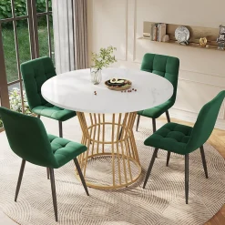 Ensemble table et chaises 100x100x75 cm table ronde avec 4 chaises assise rembourrée structure métal doré