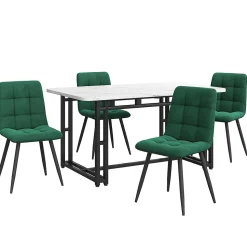 Ensemble Table et Chaises - Table Rectangulaire en MDF avec 4 Chaises en Velours, Pieds Métal Noir - Blanc et Vert Foncé