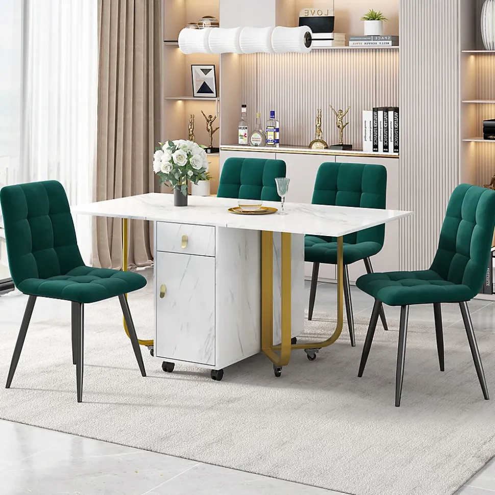 Ensemble table et chaises 150x80x76 cm avec 4 chaises rembourrées velours, plateau MDF blanc et pieds métal