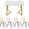 Ensemble table et chaises 117x75x75 cm table rectangulaire avec 4 chaises assise rembourrée, pieds métal doré