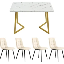 Ensemble table et chaises 117x75x75 cm table rectangulaire avec 4 chaises assise rembourrée, pieds métal doré